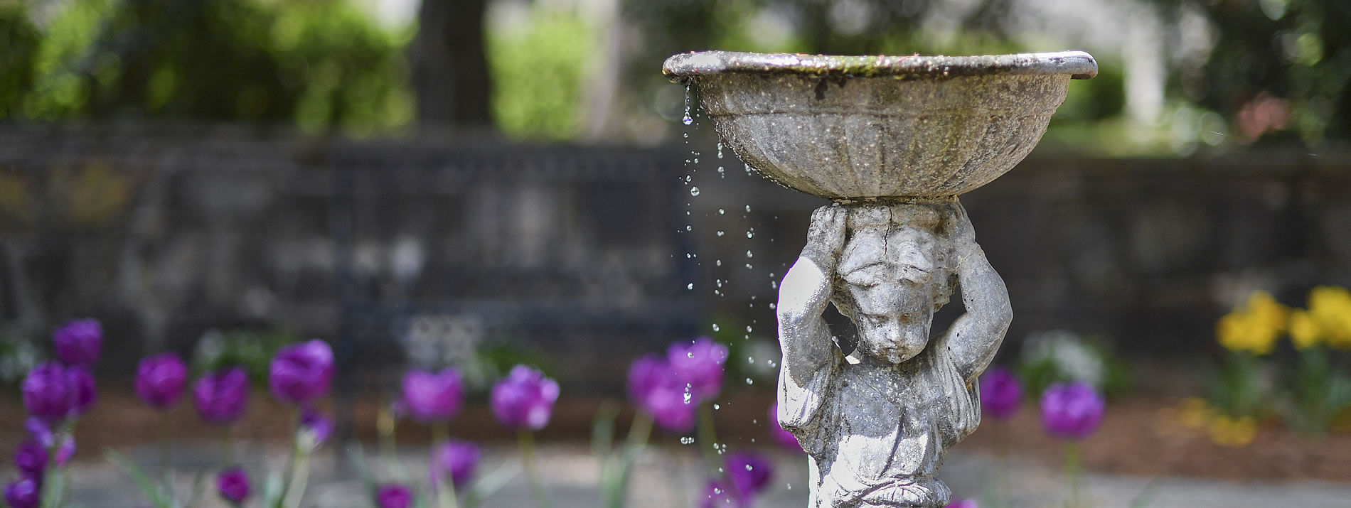 Cherub fountain in formal garden